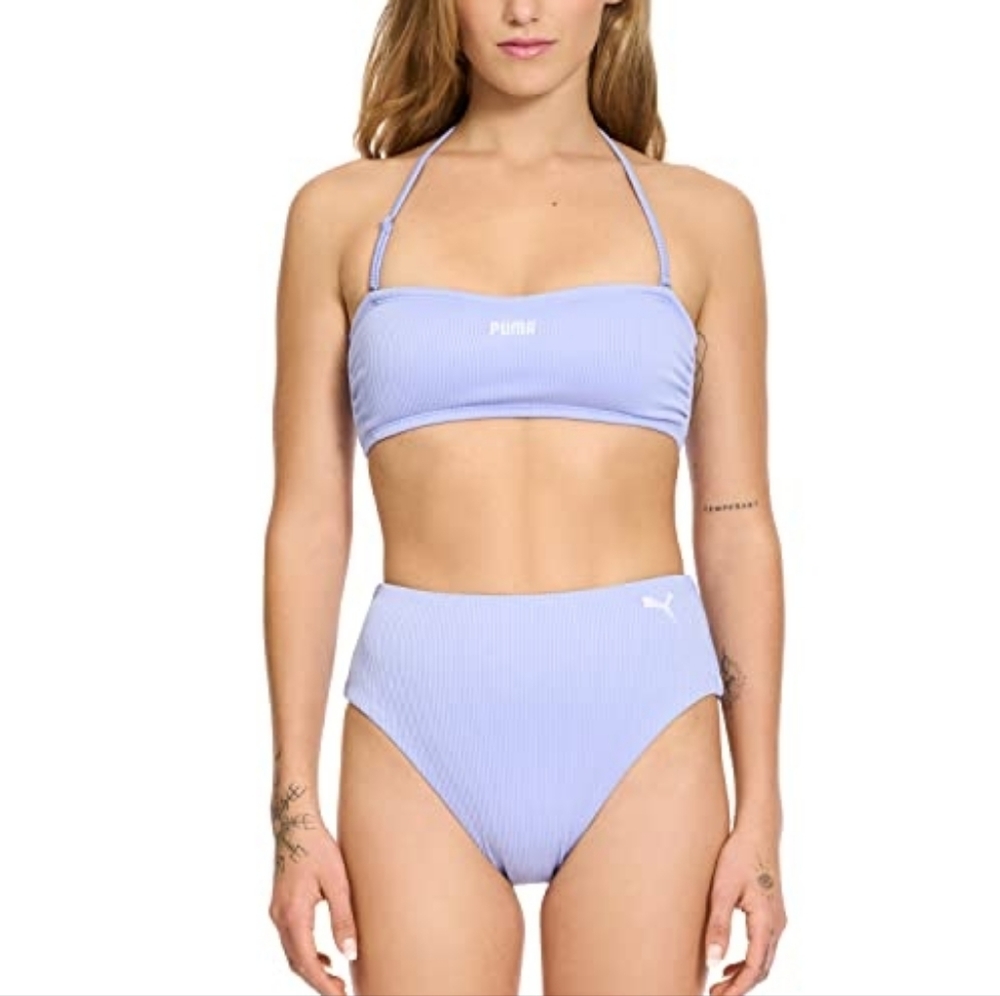 2 piece Puma Women's Bandeau Ribbed Bikini Top & Bottom Swim Set Removable Strap
